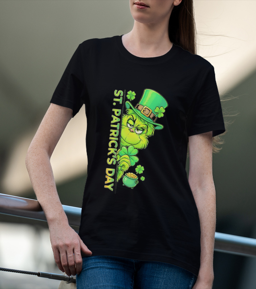St. Patrick's Day Grinch With Leprechaun Hat And Gold Pot T-Shirt