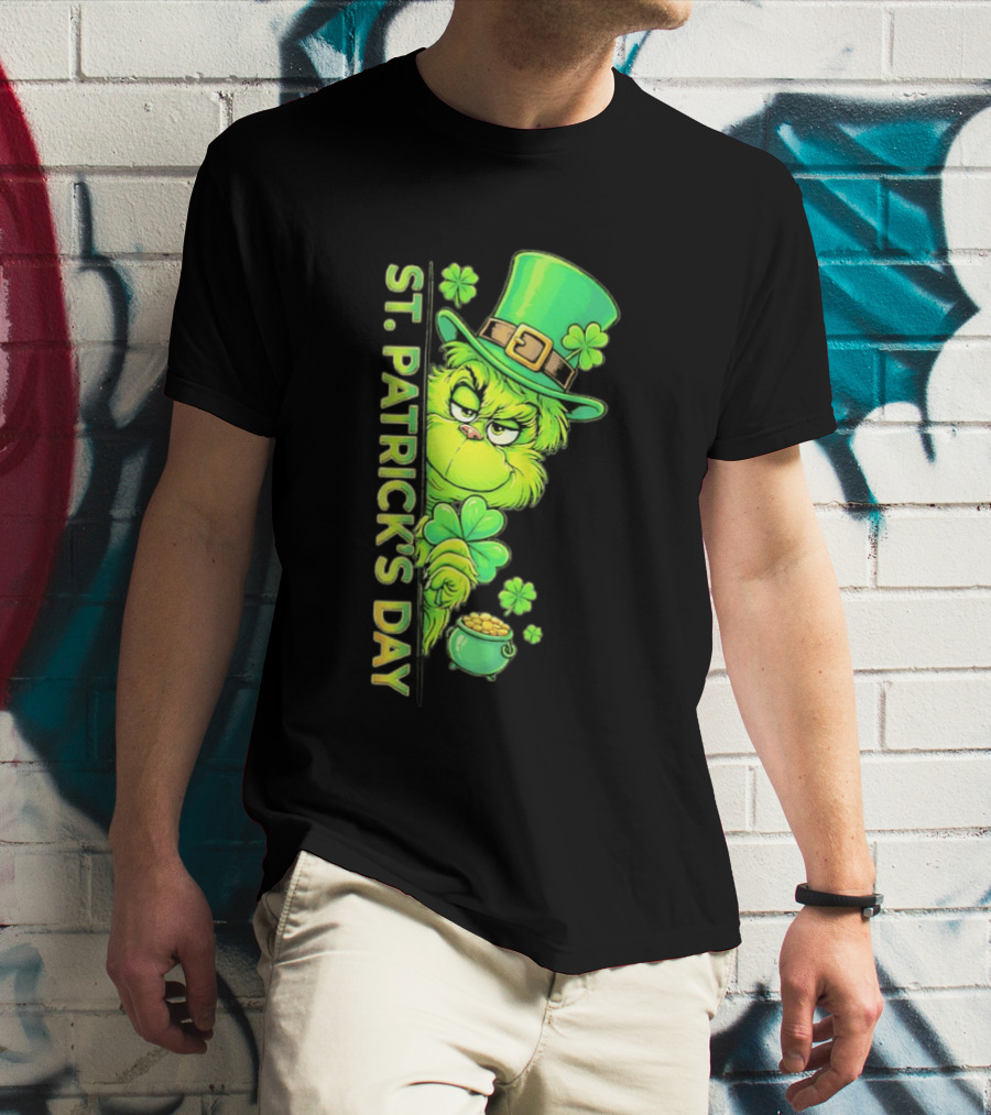 St. Patrick's Day Grinch With Leprechaun Hat And Gold Pot T-Shirt