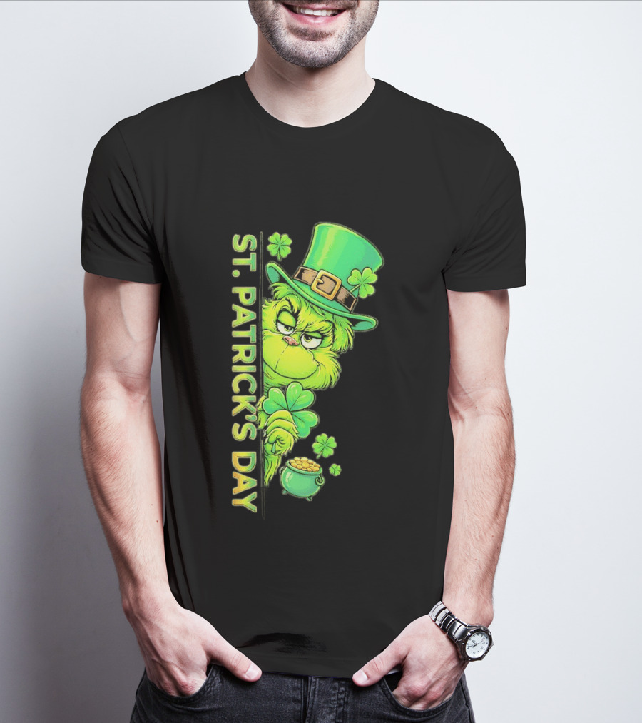 St. Patrick's Day Grinch With Leprechaun Hat And Gold Pot T-Shirt