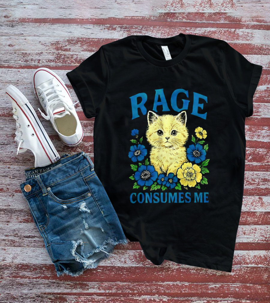 Rage Consumes Me Cat Surrounded By Blue And Yellow Flowers T-Shirt