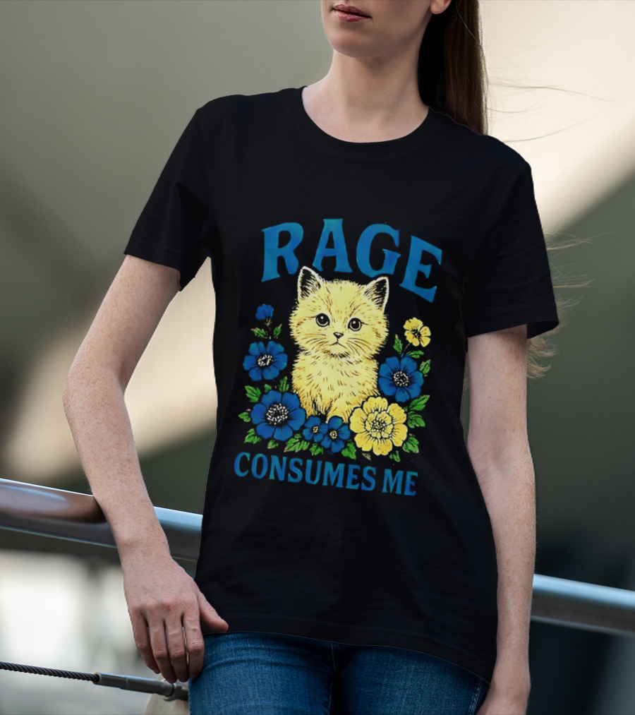 Rage Consumes Me Cat Surrounded By Blue And Yellow Flowers T-Shirt