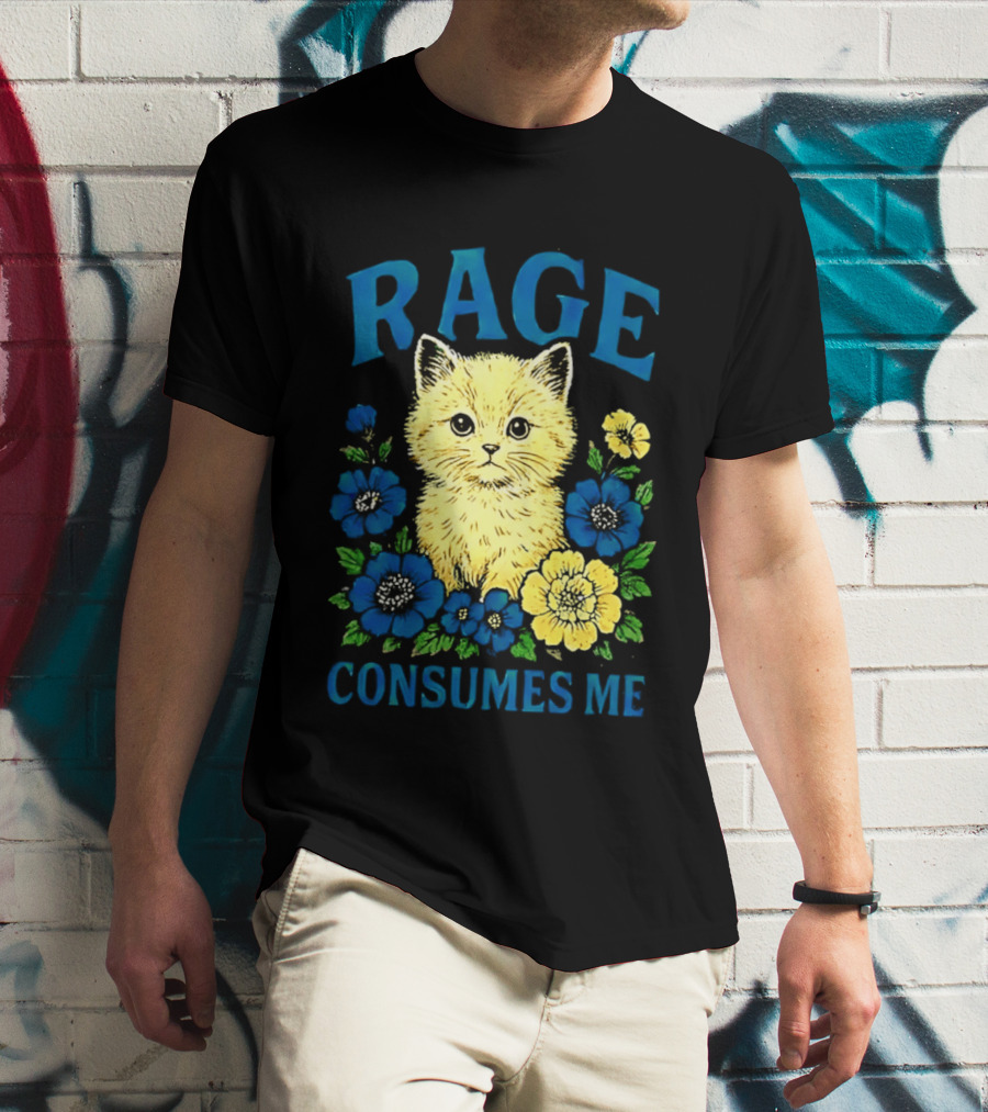 Rage Consumes Me Cat Surrounded By Blue And Yellow Flowers T-Shirt