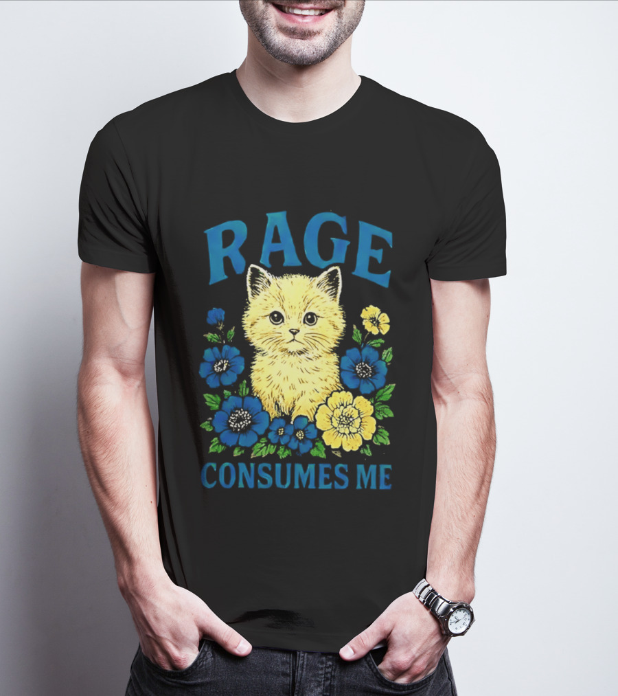 Rage Consumes Me Cat Surrounded By Blue And Yellow Flowers T-Shirt