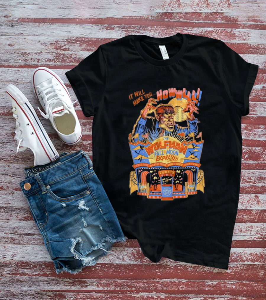 The Wolfman Full Moon Express Howl Enter If You Dare Ghost Train Spooky Scary Fun T-Shirt