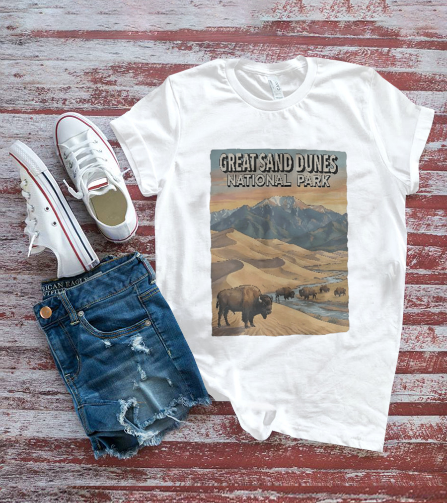 Great Sand Dunes National Park With Buffalo And Mountains Scene T-Shirt