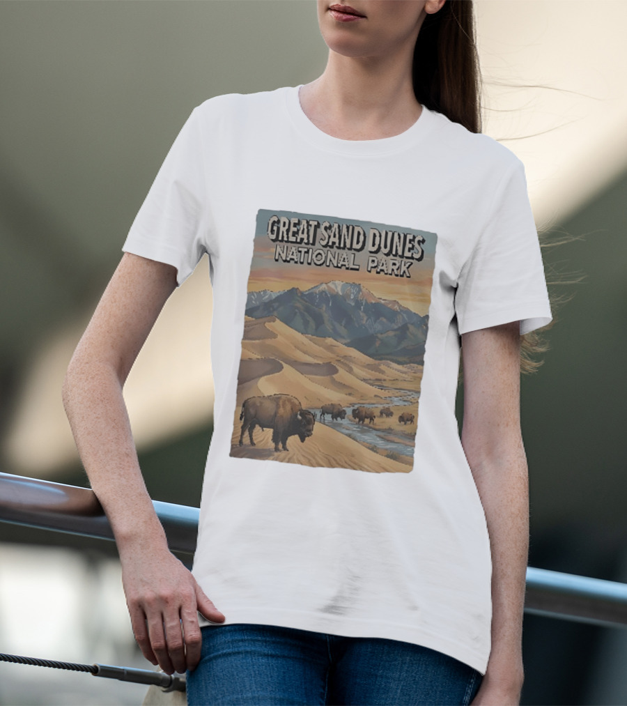 Great Sand Dunes National Park With Buffalo And Mountains Scene T-Shirt