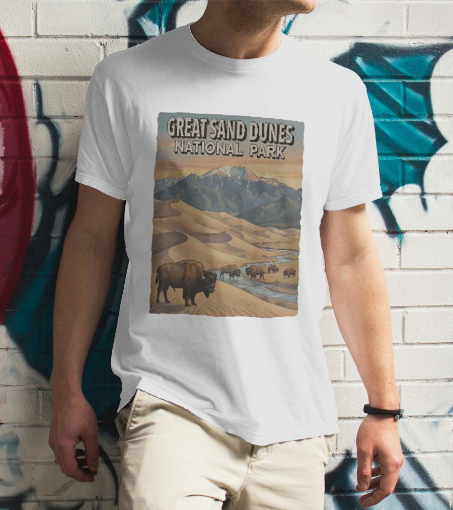 Great Sand Dunes National Park With Buffalo And Mountains Scene T-Shirt