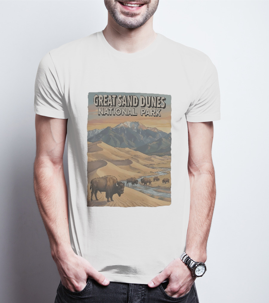 Great Sand Dunes National Park With Buffalo And Mountains Scene T-Shirt