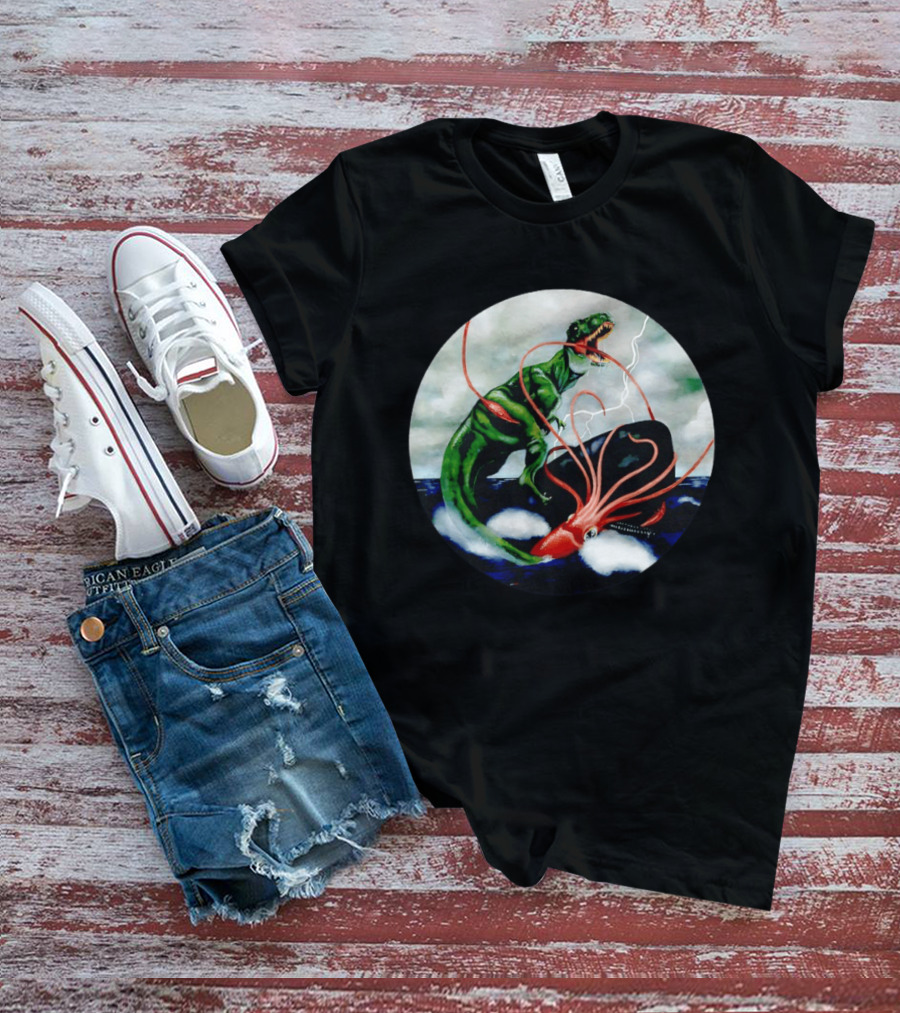 Dinosaur And Giant Squid Battle On Stormy Sea T-Shirt
