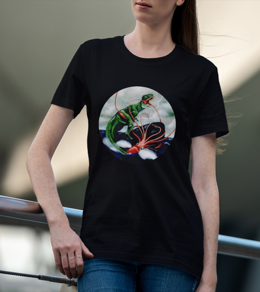 Dinosaur And Giant Squid Battle On Stormy Sea T-Shirt