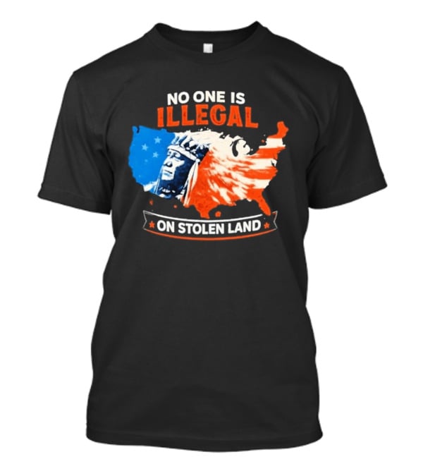 No One Is Illegal On Stolen Land USA Map Native American Headdress T-Shirt