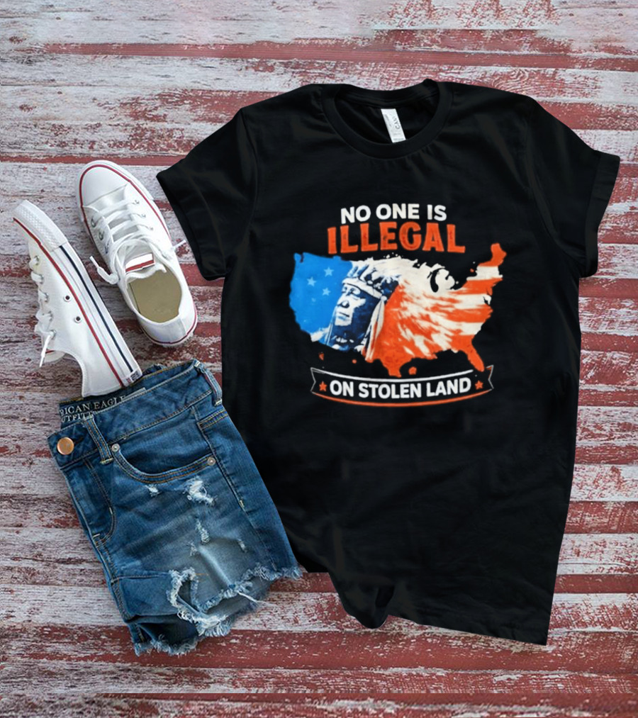 No One Is Illegal On Stolen Land USA Map Native American Headdress T-Shirt