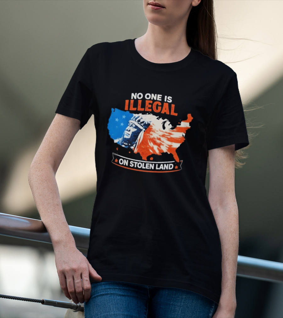 No One Is Illegal On Stolen Land USA Map Native American Headdress T-Shirt