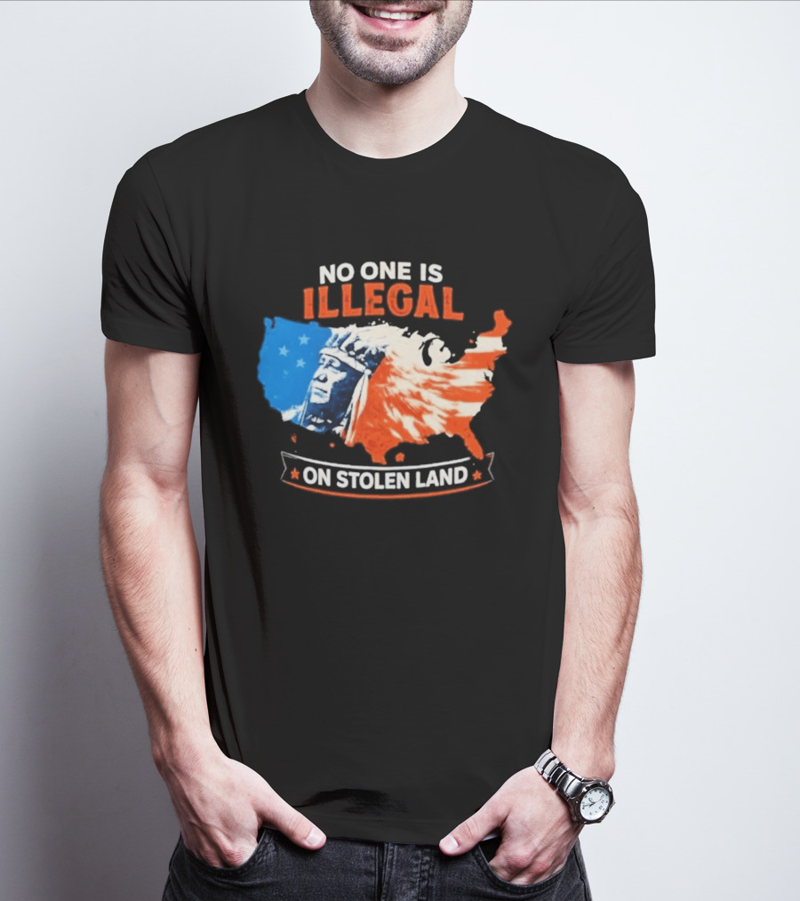 No One Is Illegal On Stolen Land USA Map Native American Headdress T-Shirt