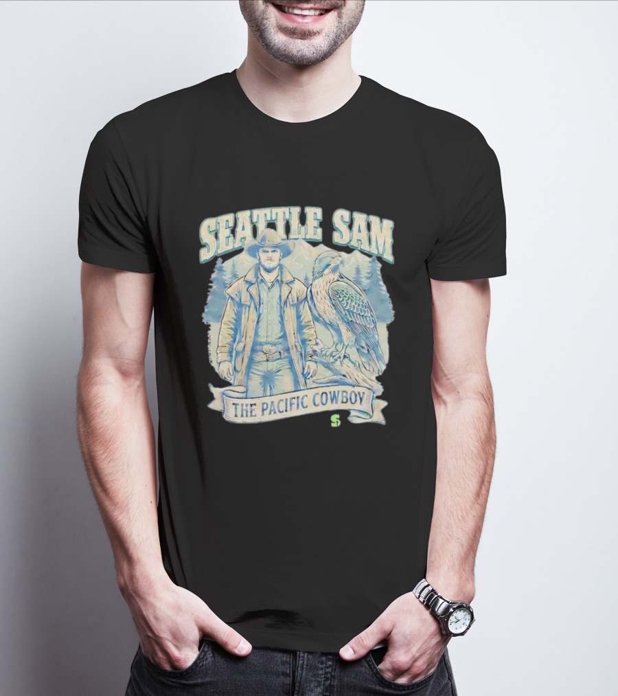 Seattle Sam The Pacific Cowboy With Mountains And Eagle T-Shirt