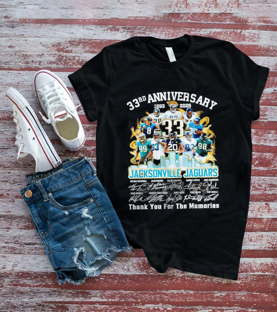 Jacksonville Jaguars 33rd Anniversary Players Collage City Skyline T-Shirt