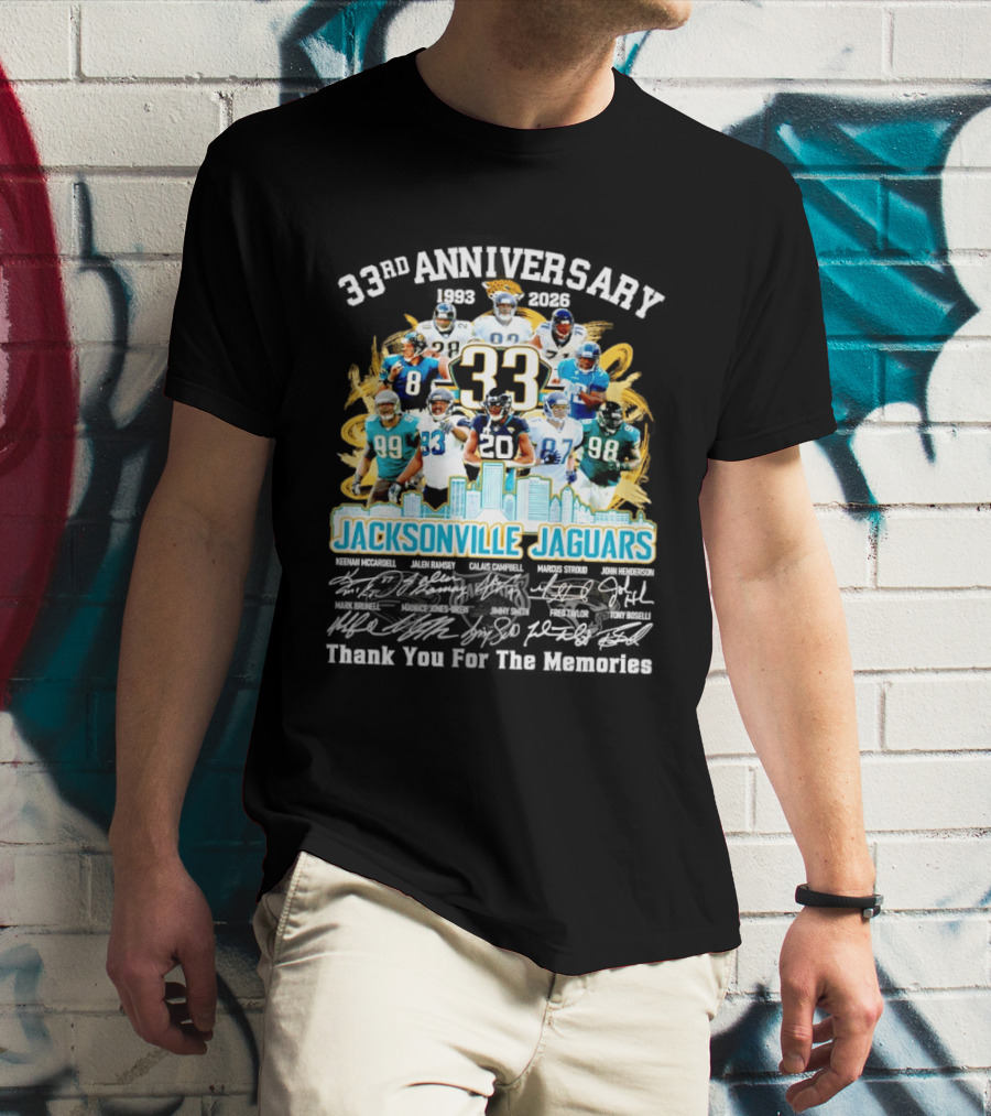 Jacksonville Jaguars 33rd Anniversary Players Collage City Skyline T-Shirt