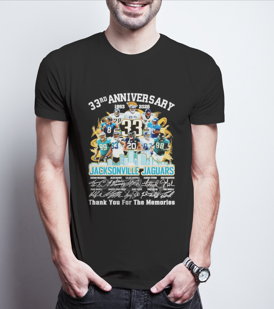 Jacksonville Jaguars 33rd Anniversary Players Collage City Skyline T-Shirt