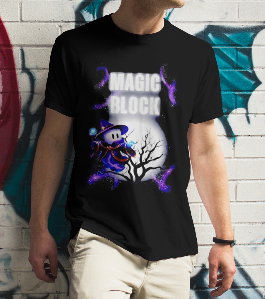 Magic Block Wizard With Glowing Orbs And Mystical Tree T-Shirt