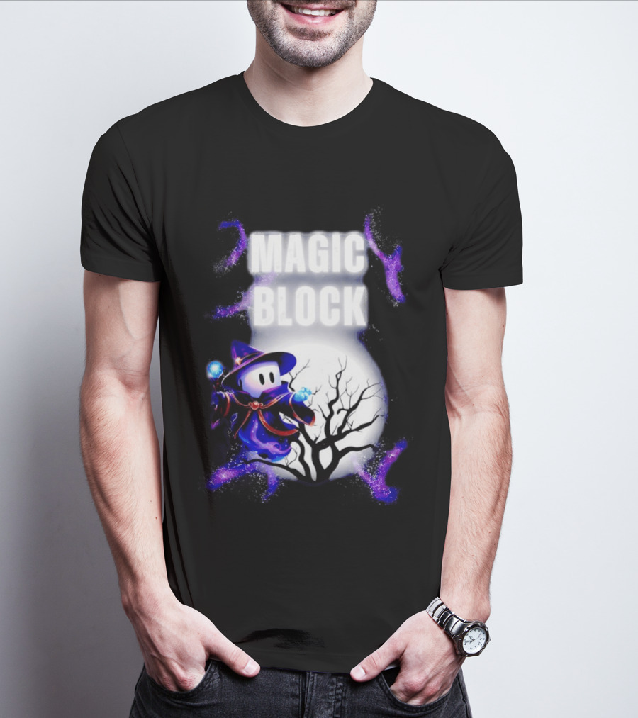 Magic Block Wizard With Glowing Orbs And Mystical Tree T-Shirt