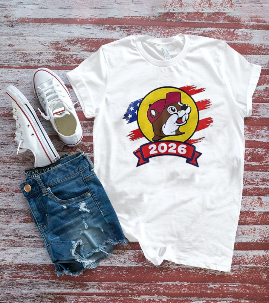 Buc Ee's 2026 Celebration With Iconic Beaver Emblem And American Flag T-Shirt