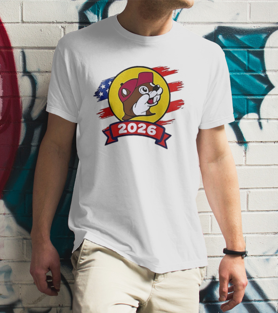 Buc Ee's 2026 Celebration With Iconic Beaver Emblem And American Flag T-Shirt