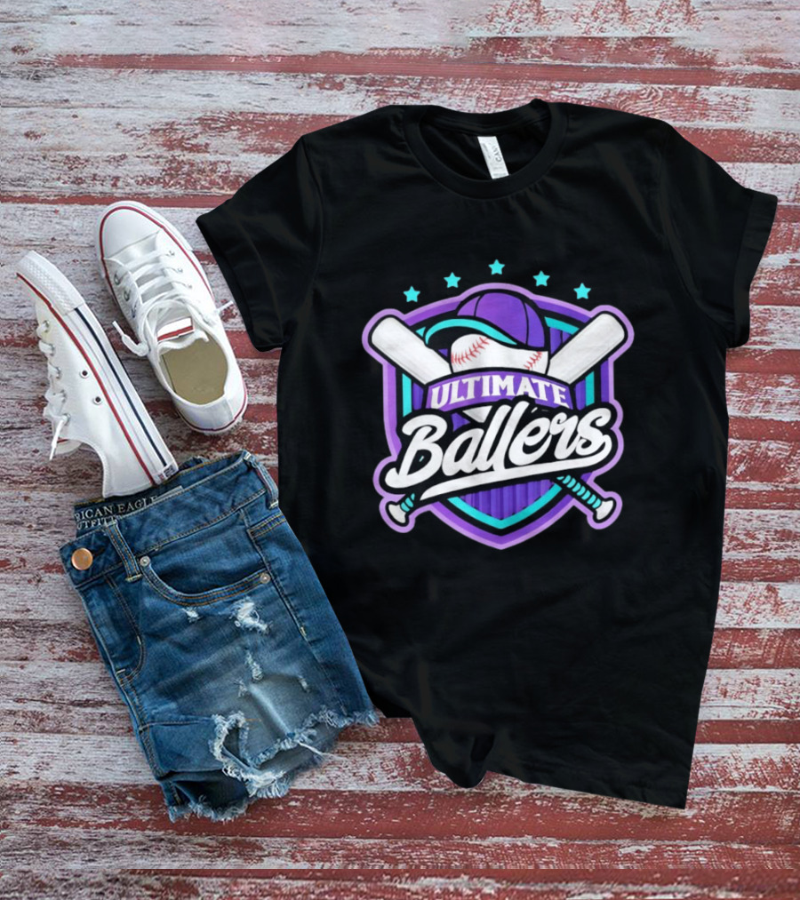 Ultimate Ballers Baseball Purple Cap Bats Retro Five Stars T-Shirt