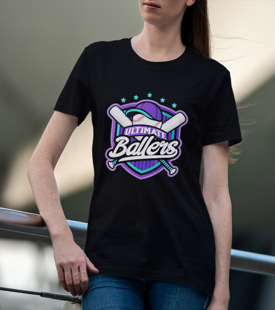 Ultimate Ballers Baseball Purple Cap Bats Retro Five Stars T-Shirt