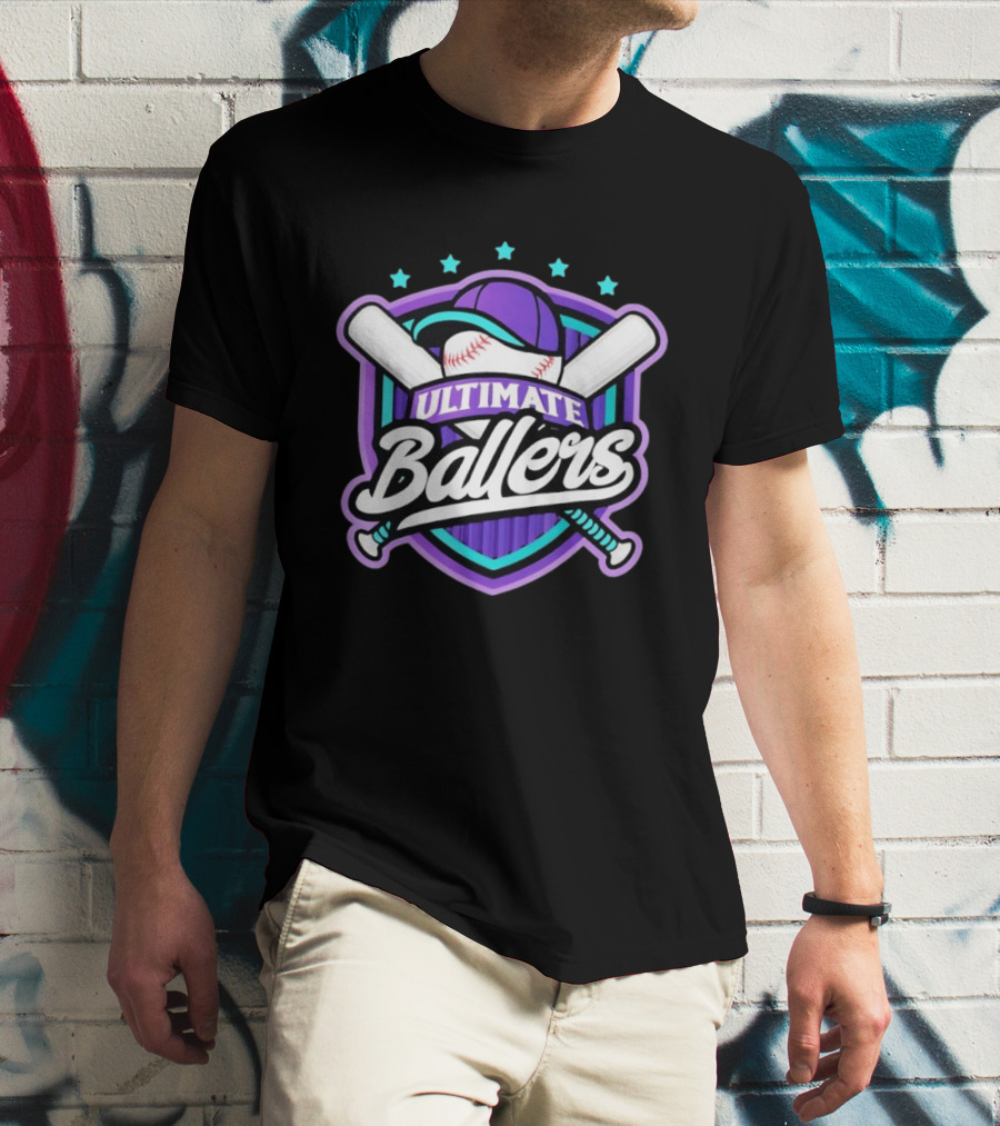 Ultimate Ballers Baseball Purple Cap Bats Retro Five Stars T-Shirt