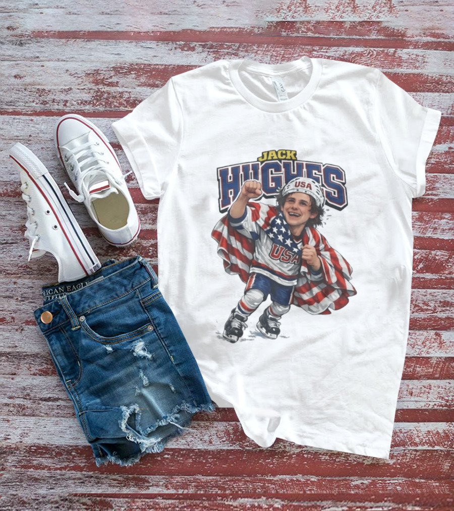 Jack Hughes USA Hockey Caricature American Flag T-Shirt