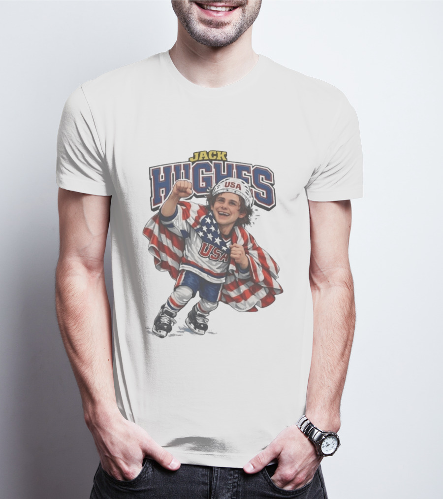 Jack Hughes USA Hockey Caricature American Flag T-Shirt