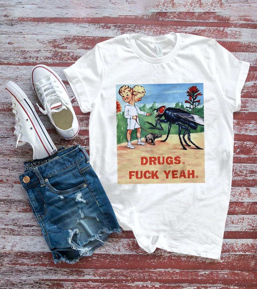 DRUGS FUCK YEAH Retro Cartoon Big Fly Tiny Elephant T-Shirt
