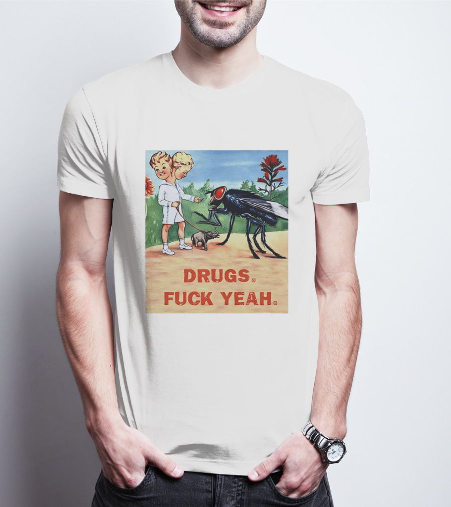 DRUGS FUCK YEAH Retro Cartoon Big Fly Tiny Elephant T-Shirt