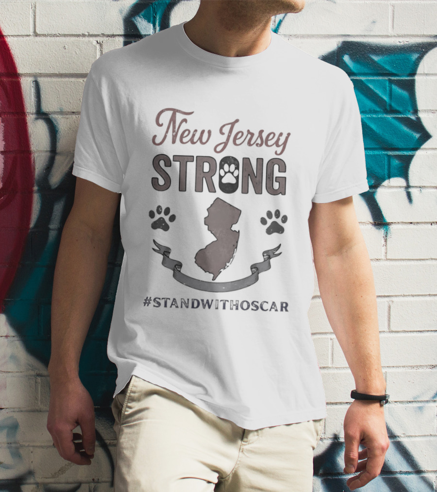 New Jersey Strong Stand With Oscar Support Hashtag Paw Print Map T-Shirt