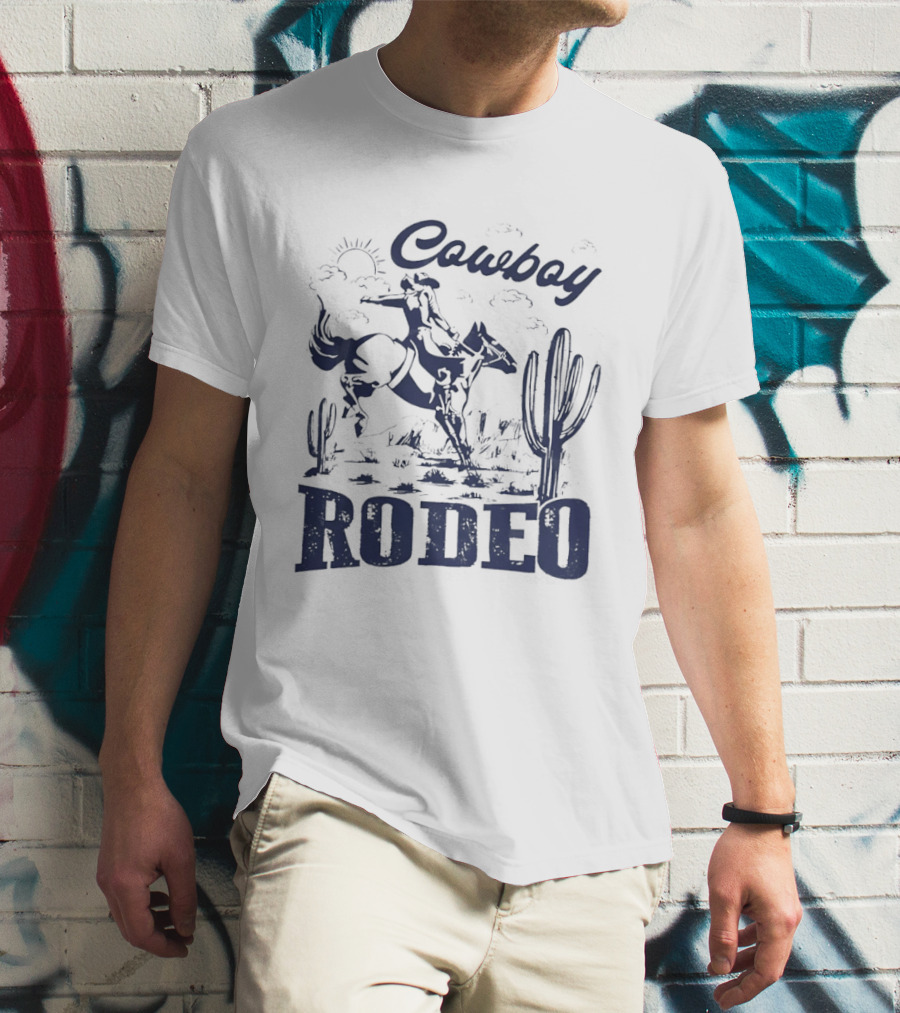 Rodeo Cowboy Horse Riding In Desert Scenery T-Shirt
