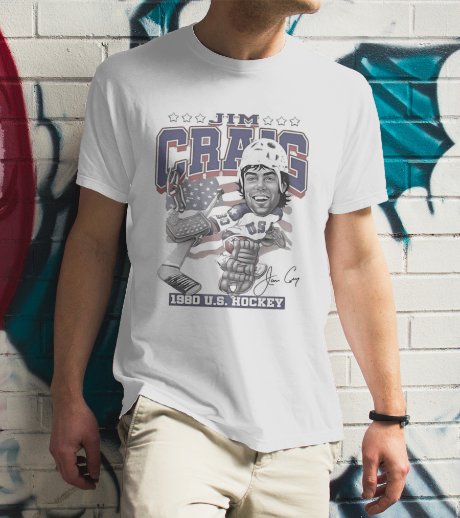 Jim Craig USA Team Hockey 1980 American Flag Helmet T-Shirt