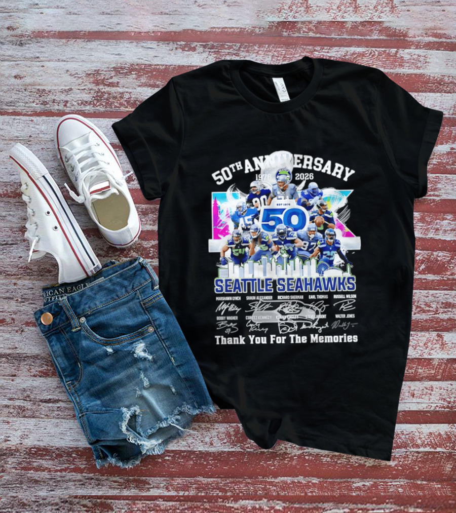 Seattle Seahawks 50th Anniversary Est 1976 Players City Skyline T-Shirt