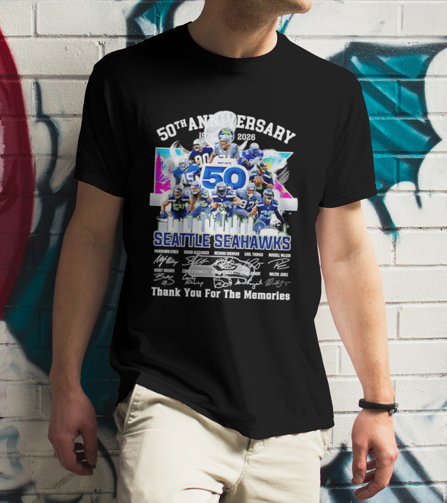 Seattle Seahawks 50th Anniversary Est 1976 Players City Skyline T-Shirt