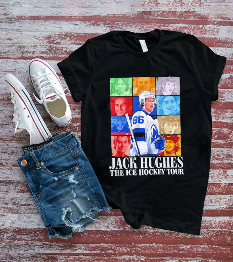 Jack Hughes 86 The Ice Hockey Tour Colorful Portrait Compilation T-Shirt