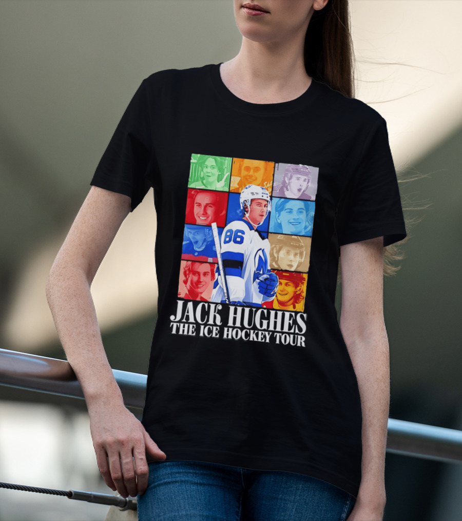 Jack Hughes 86 The Ice Hockey Tour Colorful Portrait Compilation T-Shirt