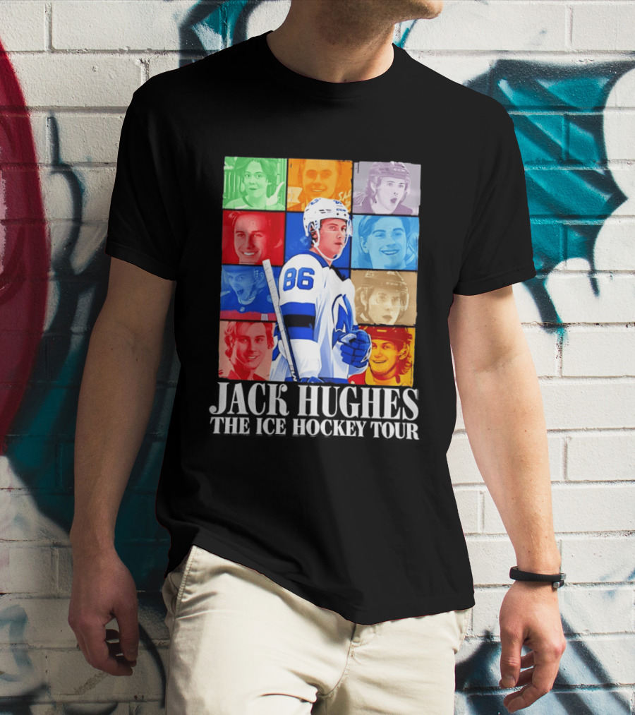 Jack Hughes 86 The Ice Hockey Tour Colorful Portrait Compilation T-Shirt