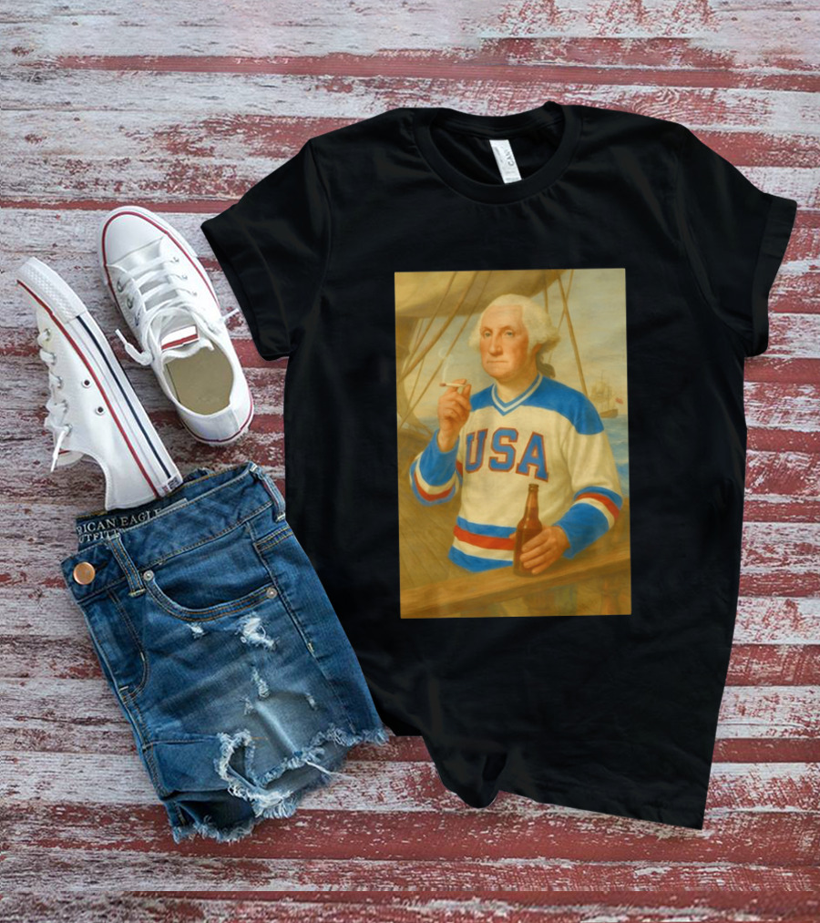 USA Hockey Jersey Wearing George Washington Smoking Holding Beer T-Shirt