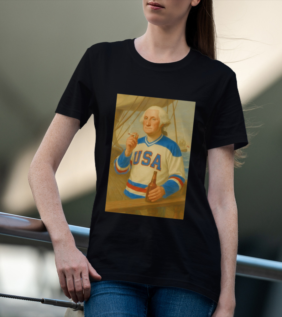 USA Hockey Jersey Wearing George Washington Smoking Holding Beer T-Shirt