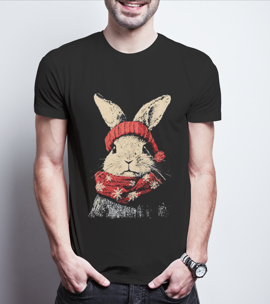 Bunny Rabbit In Red Knit Hat With Snowflake Scarf Winter T-Shirt