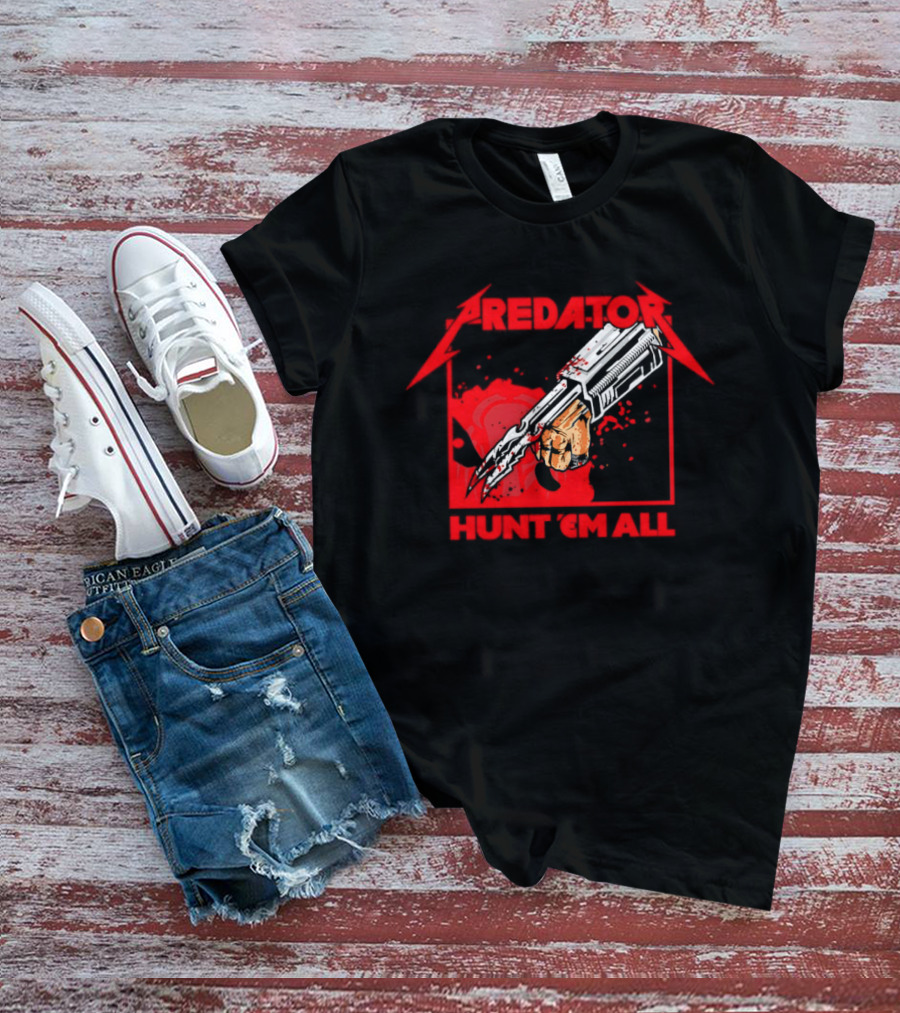Hunt 'Em All With Iconic Predato Red Text And Weaponry T-Shirt