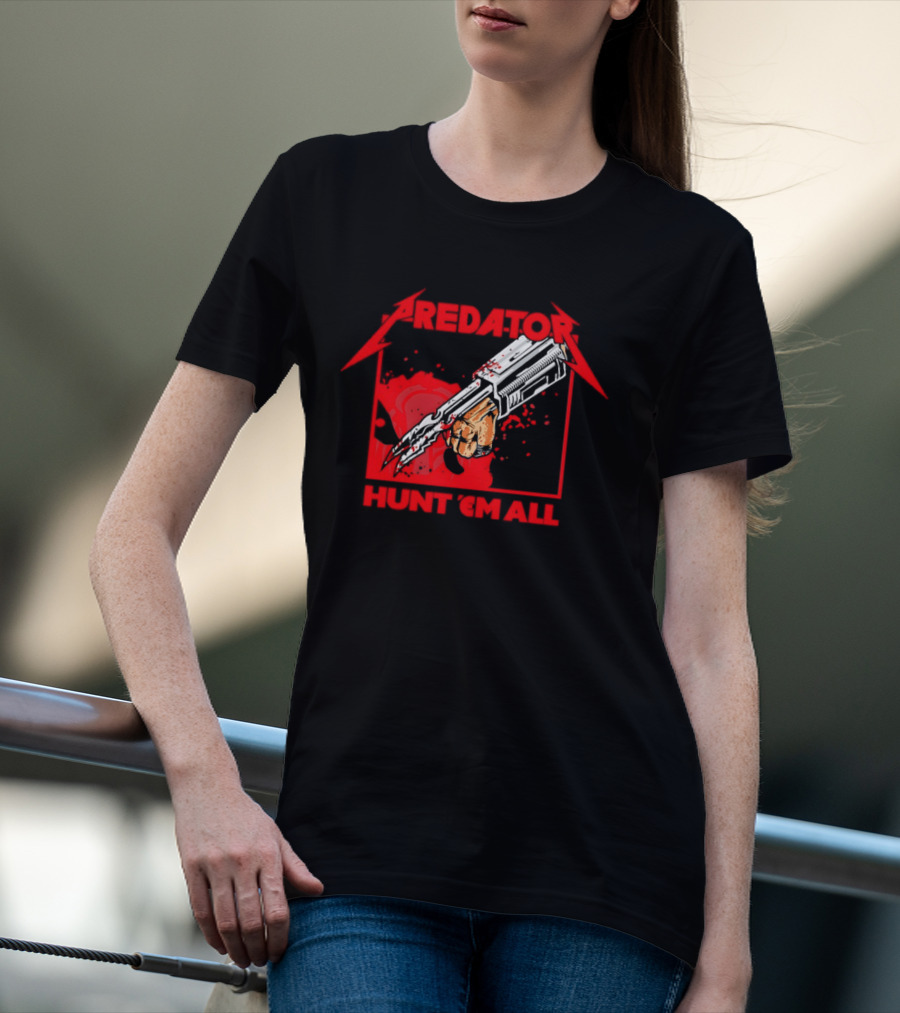 Hunt 'Em All With Iconic Predato Red Text And Weaponry T-Shirt