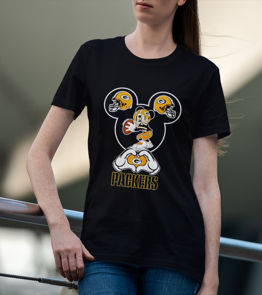 Packers Mickey Mouse Heart Hands Football Helmet T-Shirt
