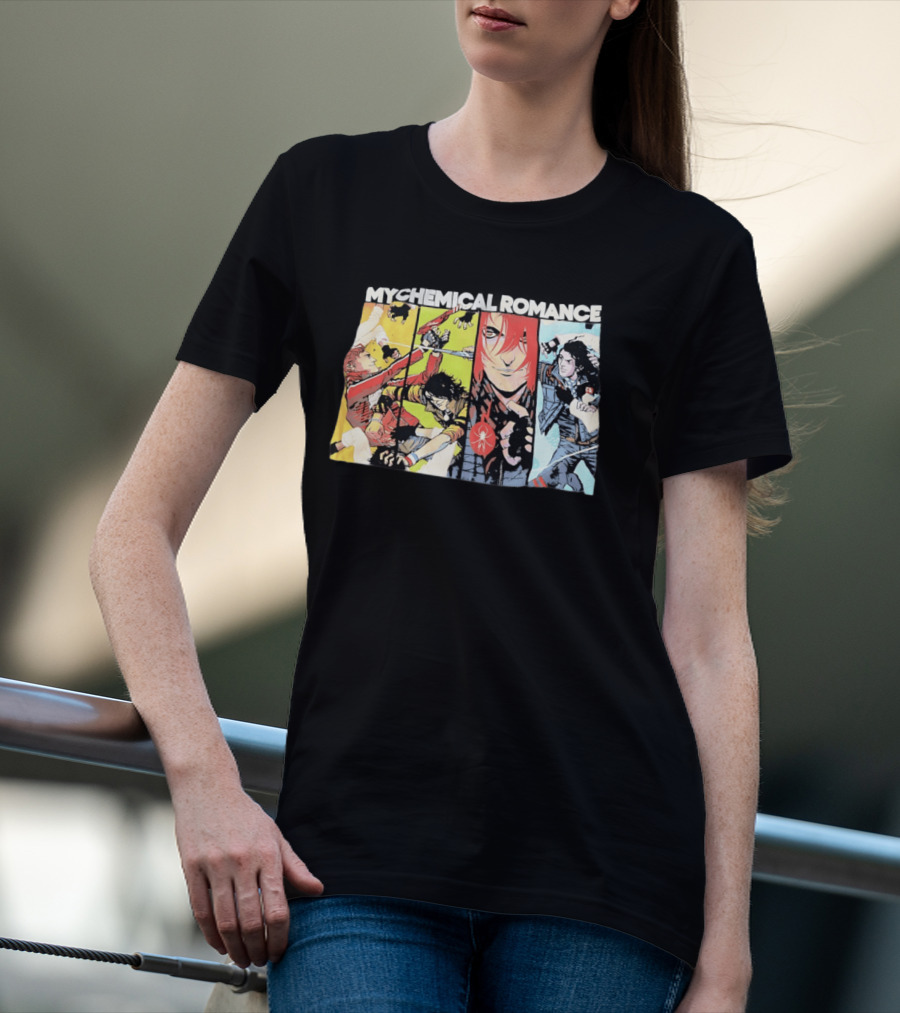 My Chemical Romance Comic Book Characters And Spider Symbol Vibrant Panel T-Shirt