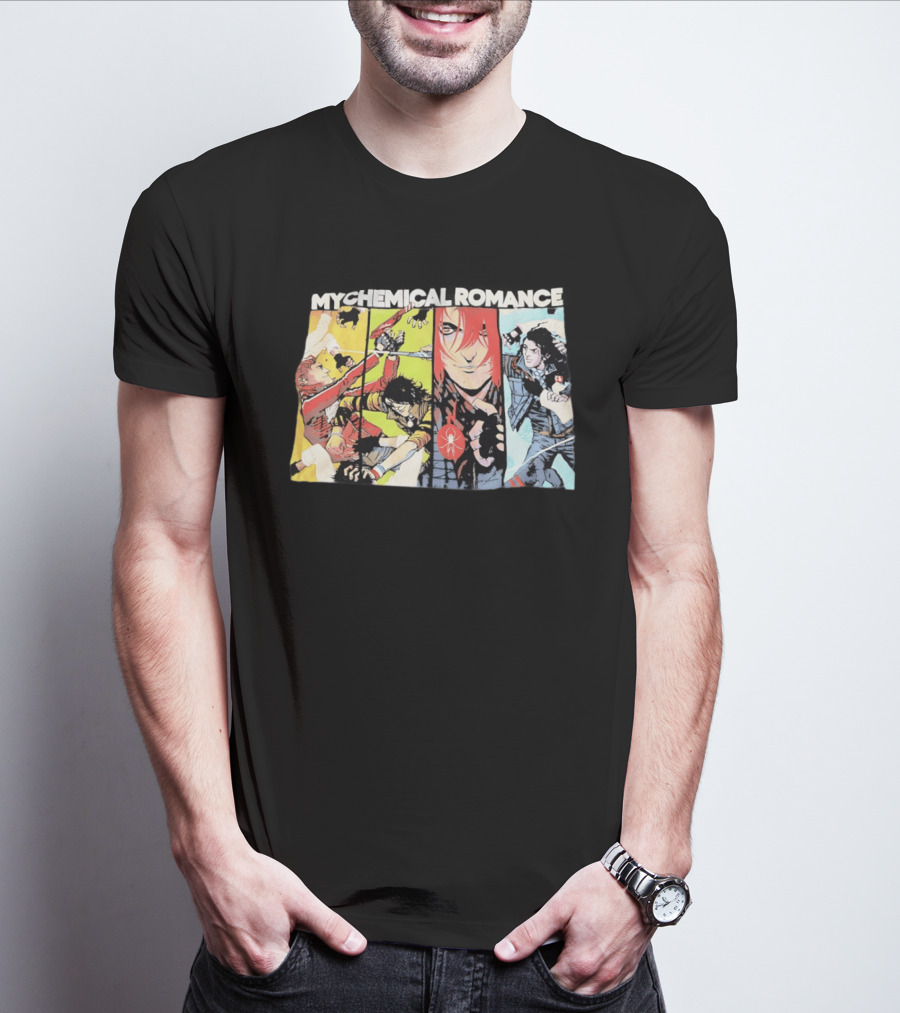 My Chemical Romance Comic Book Characters And Spider Symbol Vibrant Panel T-Shirt
