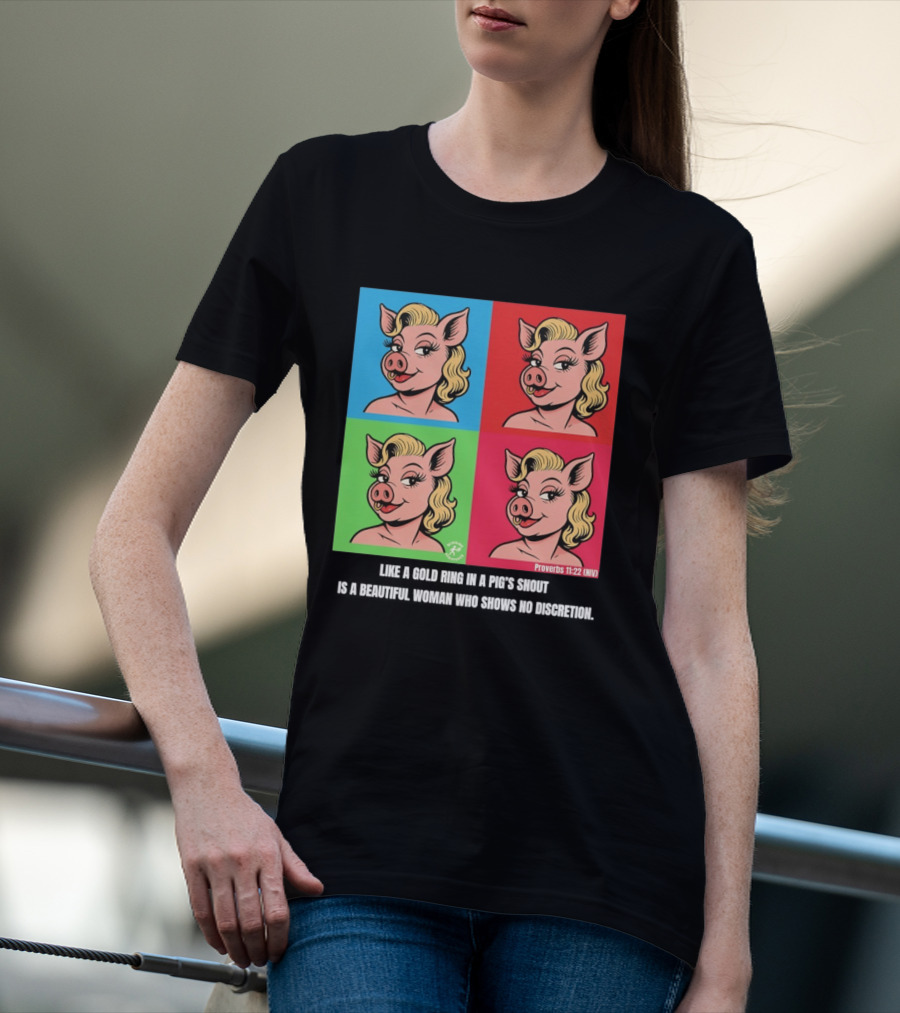 Proverbs 11:22 NIV Pig Pop Art Style Blonde Pig Panels T-Shirt